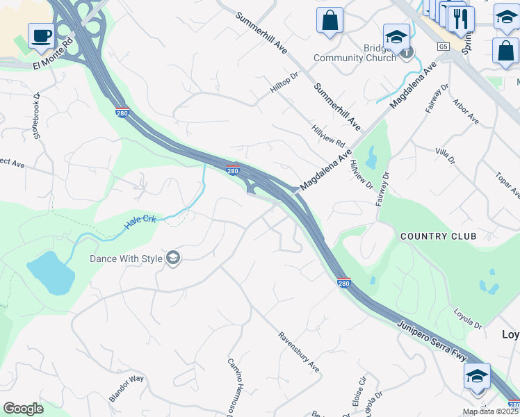 map of restaurants, bars, coffee shops, grocery stores, and more near 11637 Rebecca Lane in Los Altos Hills