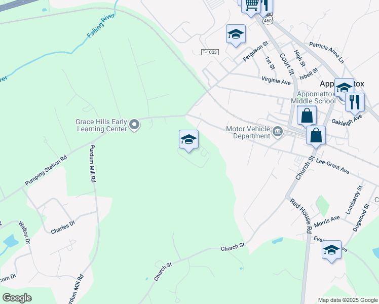 map of restaurants, bars, coffee shops, grocery stores, and more near 176 Kids Place in Appomattox