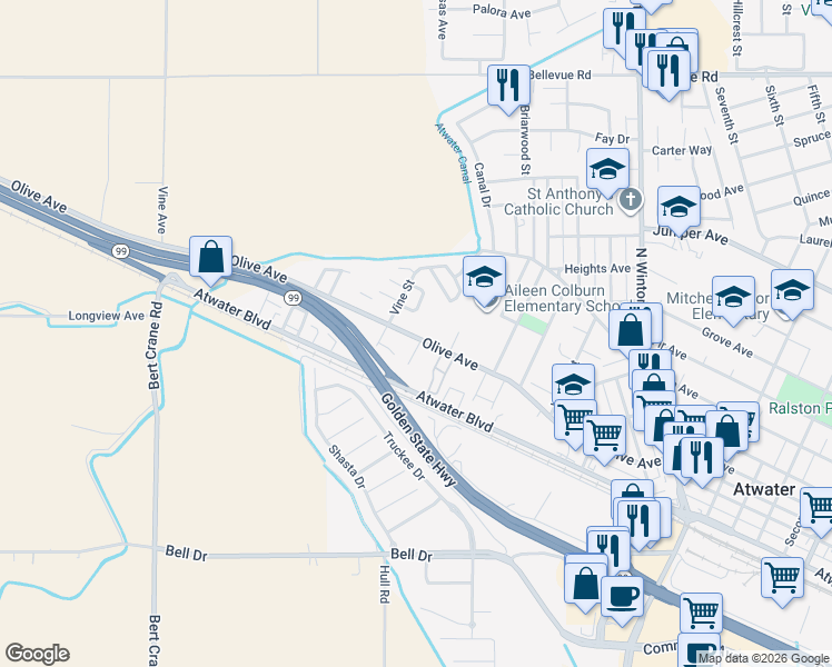 map of restaurants, bars, coffee shops, grocery stores, and more near 1124 Mary Ann Drive in Atwater