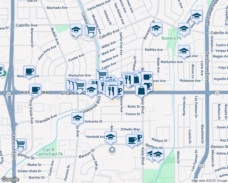 map of restaurants, bars, coffee shops, grocery stores, and more near 3033 El Camino Real in Santa Clara