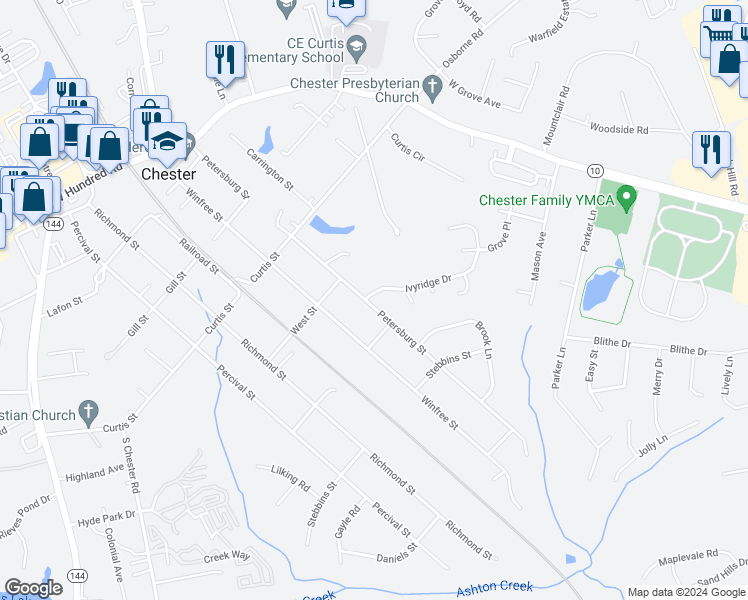 map of restaurants, bars, coffee shops, grocery stores, and more near 3937 Ivyridge Drive in Chester