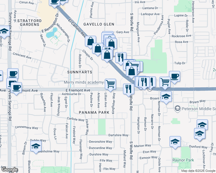 map of restaurants, bars, coffee shops, grocery stores, and more near 815 East Fremont Avenue in Sunnyvale
