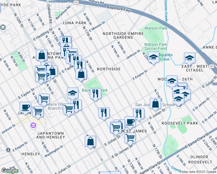 map of restaurants, bars, coffee shops, grocery stores, and more near 542 North 16th Street in San Jose