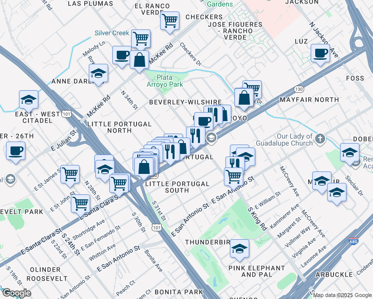 map of restaurants, bars, coffee shops, grocery stores, and more near 1665 Alum Rock Avenue in San Jose