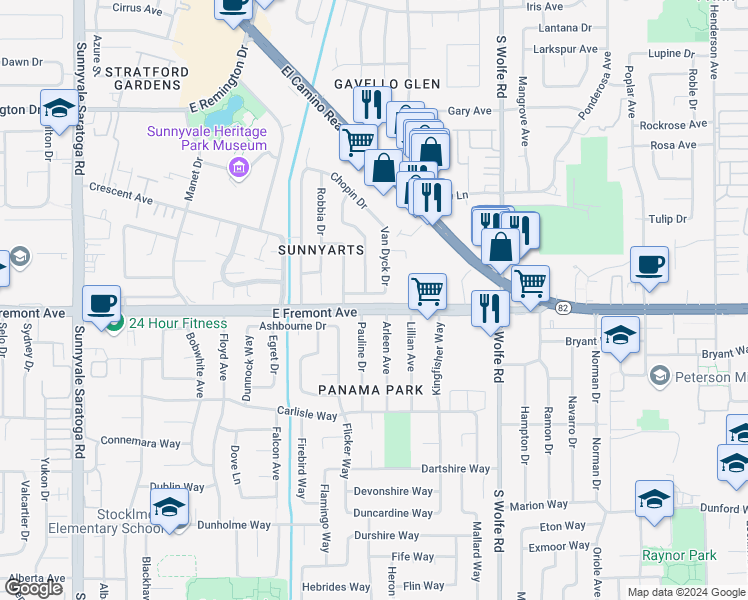 map of restaurants, bars, coffee shops, grocery stores, and more near 762 Verdi Drive in Sunnyvale