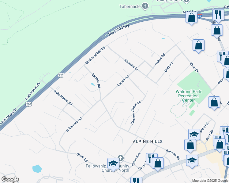 map of restaurants, bars, coffee shops, grocery stores, and more near 6545 Laban Road in Hollins