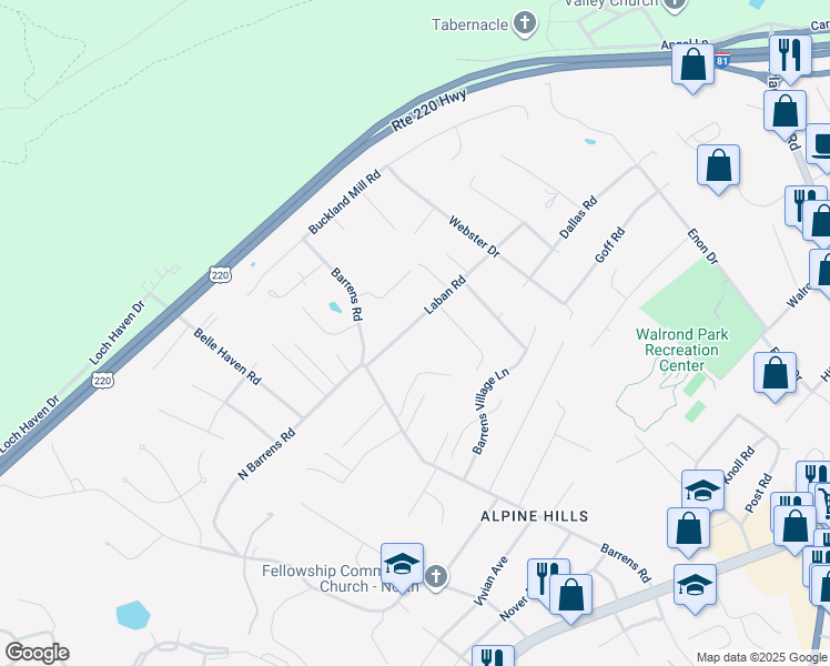 map of restaurants, bars, coffee shops, grocery stores, and more near 6545 Laban Road in Hollins