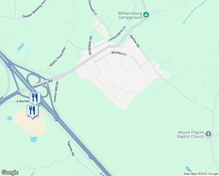 map of restaurants, bars, coffee shops, grocery stores, and more near 101 Chapel Hill Lane in Williamsburg