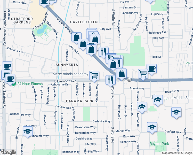 map of restaurants, bars, coffee shops, grocery stores, and more near 827 Kingfisher Terrace in Sunnyvale