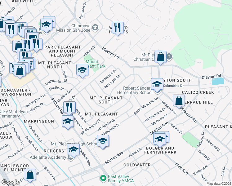 map of restaurants, bars, coffee shops, grocery stores, and more near 1510 Mount Everest Court in San Jose