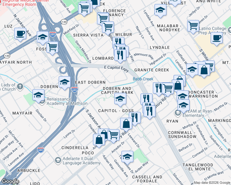 map of restaurants, bars, coffee shops, grocery stores, and more near 2563 Bambi Lane in San Jose
