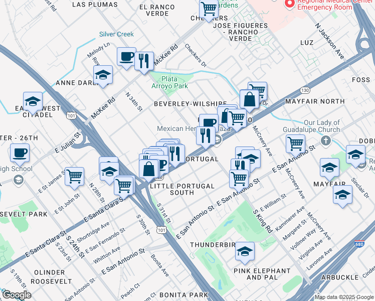 map of restaurants, bars, coffee shops, grocery stores, and more near 1665 Alum Rock Avenue in San Jose