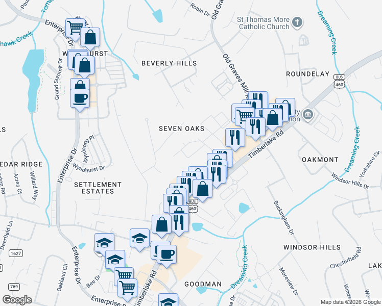 map of restaurants, bars, coffee shops, grocery stores, and more near 107 Bella Court in Lynchburg