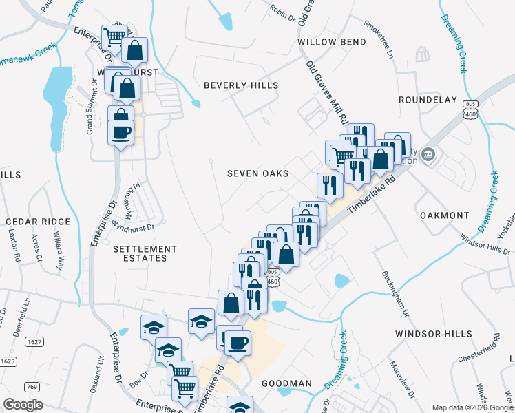 map of restaurants, bars, coffee shops, grocery stores, and more near 107 Bella Court in Lynchburg