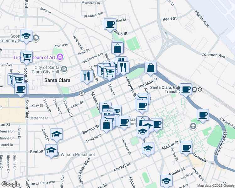 map of restaurants, bars, coffee shops, grocery stores, and more near 1065 Harrison Street in Santa Clara