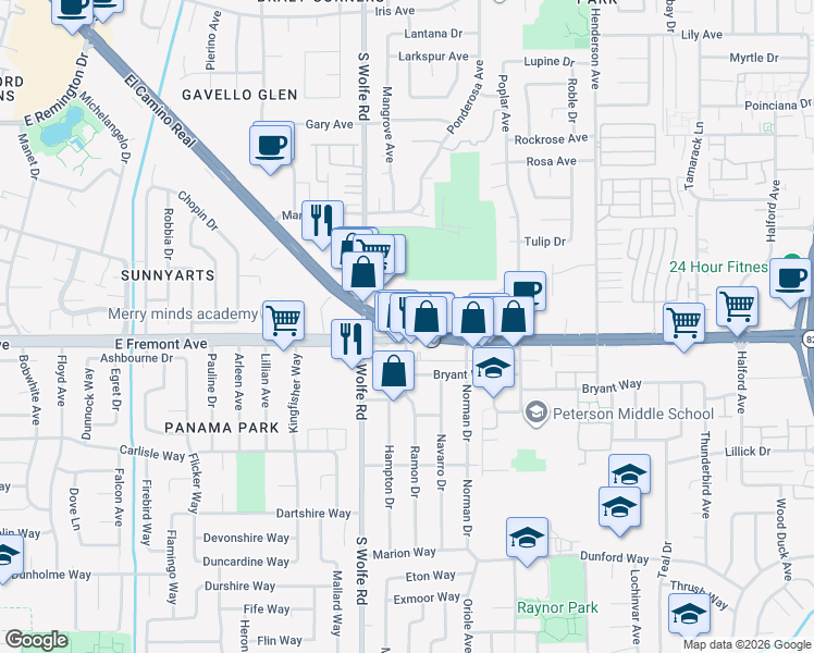 map of restaurants, bars, coffee shops, grocery stores, and more near 929 El Camino Real in Sunnyvale