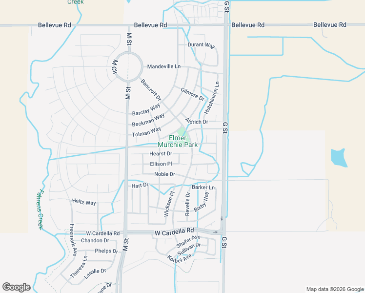 map of restaurants, bars, coffee shops, grocery stores, and more near Arrow Wood Dr in Merced