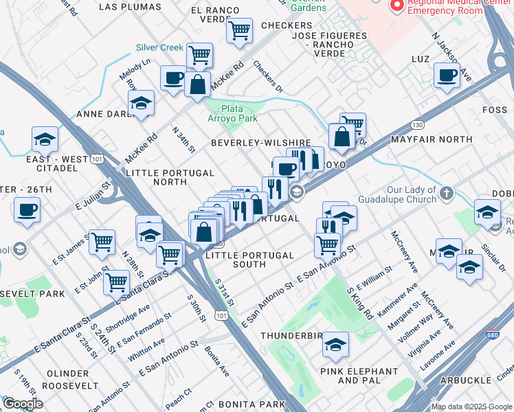 map of restaurants, bars, coffee shops, grocery stores, and more near 1661 Alum Rock Avenue in San Jose