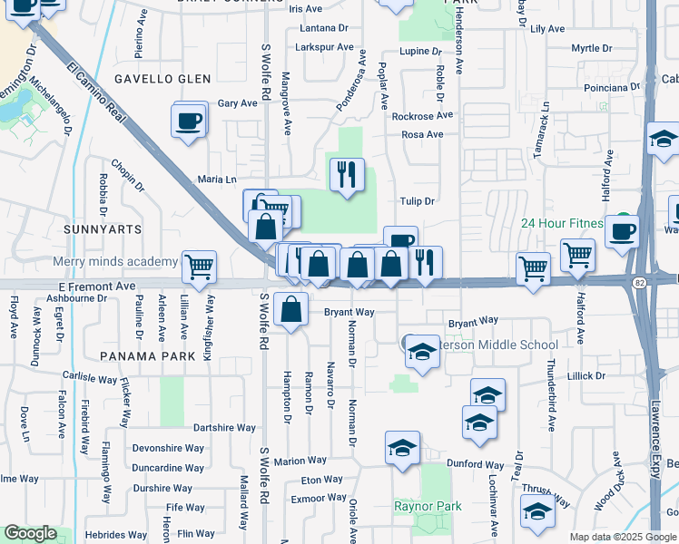 map of restaurants, bars, coffee shops, grocery stores, and more near 963 East El Camino Real in Sunnyvale