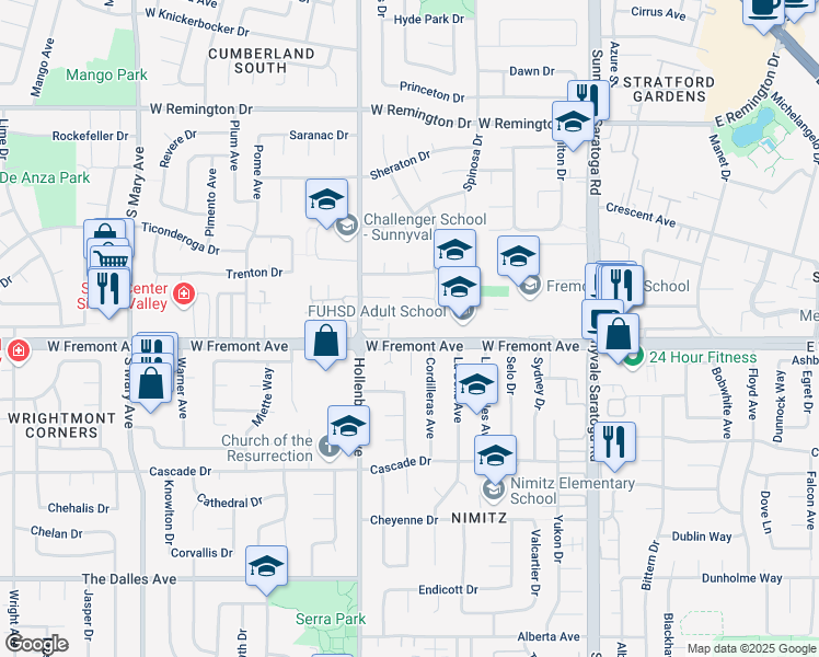 map of restaurants, bars, coffee shops, grocery stores, and more near 653 West Fremont Avenue in Sunnyvale