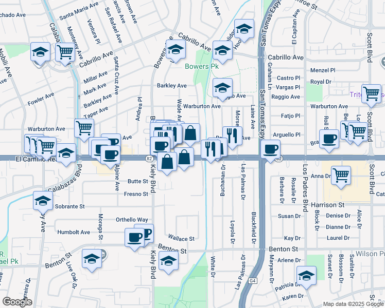 map of restaurants, bars, coffee shops, grocery stores, and more near 2615 El Camino Real in Santa Clara
