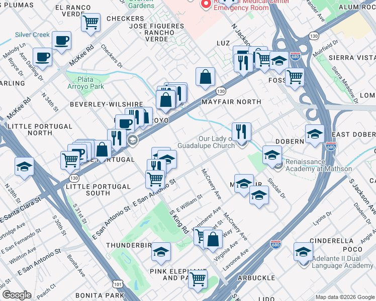 map of restaurants, bars, coffee shops, grocery stores, and more near 1920 Stowe Avenue in San Jose