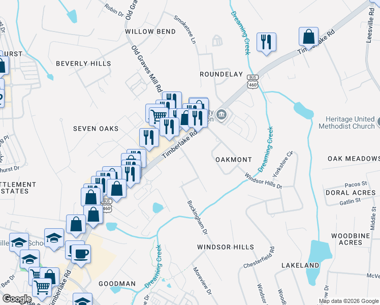 map of restaurants, bars, coffee shops, grocery stores, and more near 7722 Timberlake Road in Lynchburg