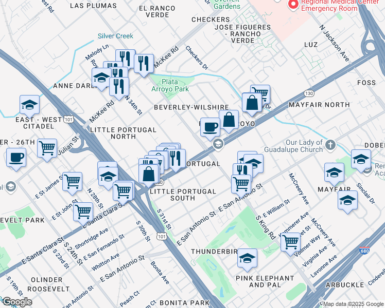 map of restaurants, bars, coffee shops, grocery stores, and more near 1665 Alum Rock Avenue in San Jose