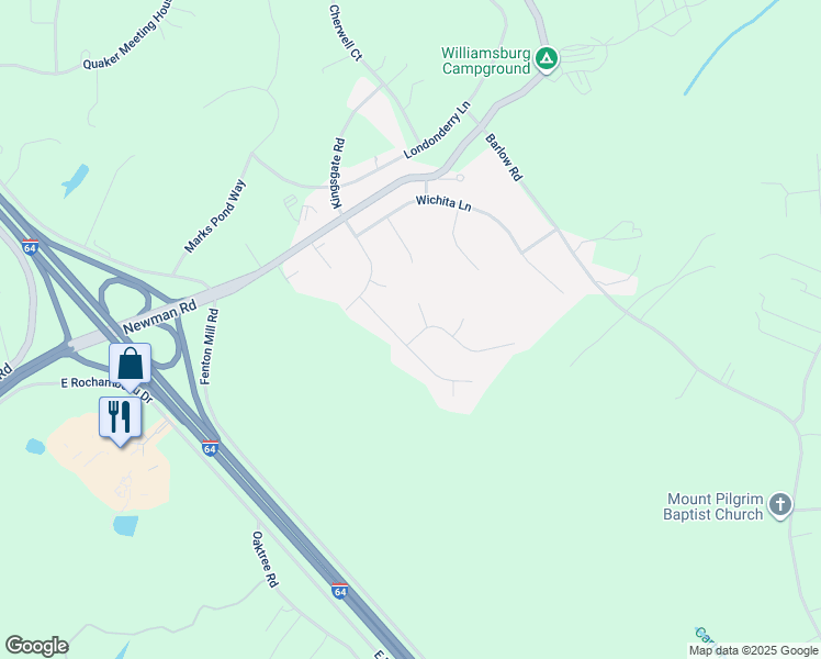 map of restaurants, bars, coffee shops, grocery stores, and more near 101 Chapel Hill Lane in Williamsburg