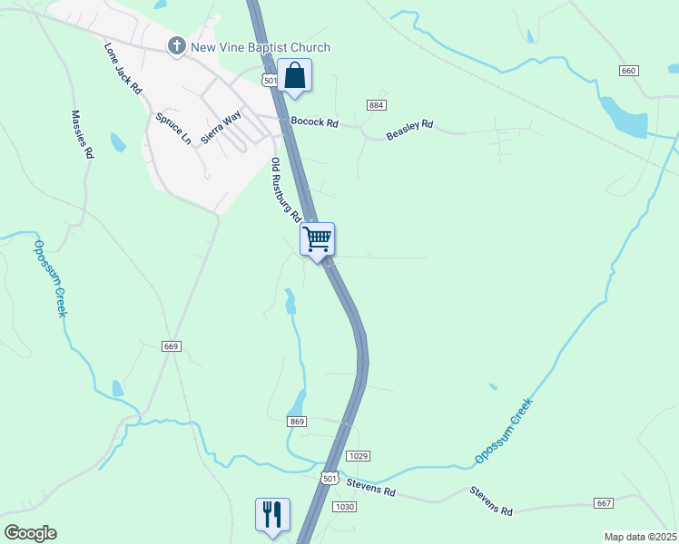 map of restaurants, bars, coffee shops, grocery stores, and more near 5607 Campbell Highway in Lynchburg