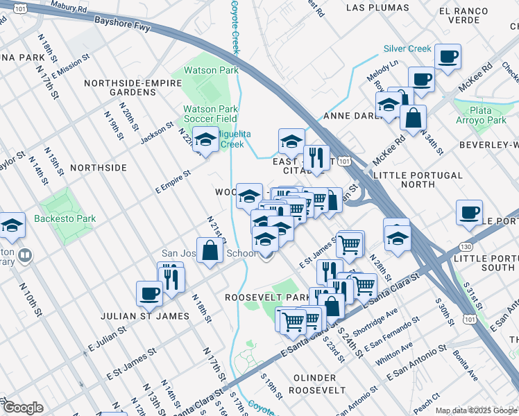 map of restaurants, bars, coffee shops, grocery stores, and more near 432 Coyote Creek Circle in San Jose