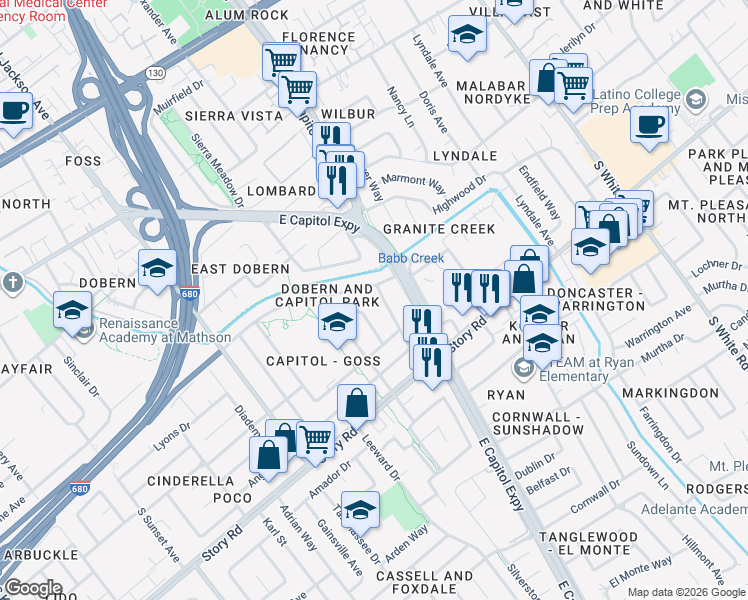 map of restaurants, bars, coffee shops, grocery stores, and more near 2642 Bambi Lane in San Jose