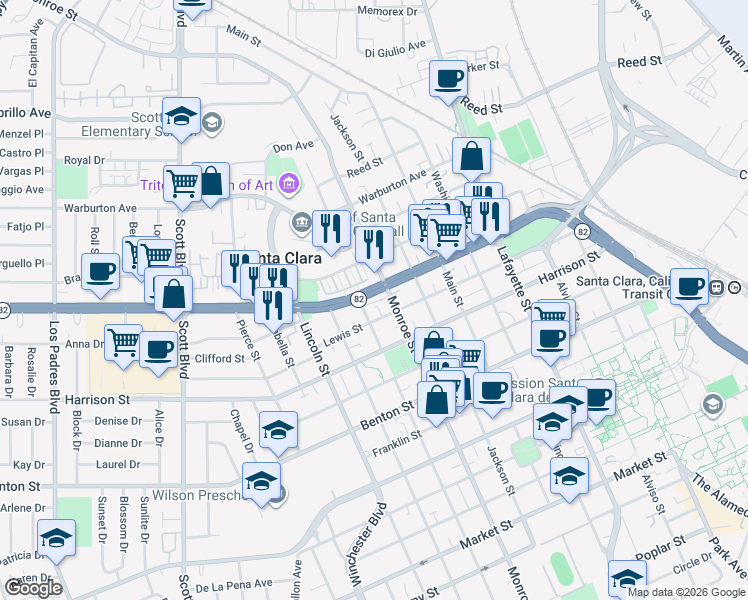 map of restaurants, bars, coffee shops, grocery stores, and more near 1368 El Camino Real in Santa Clara