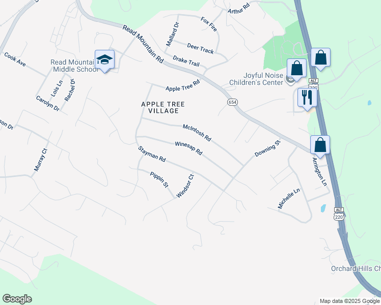 map of restaurants, bars, coffee shops, grocery stores, and more near 274 Winesap Road in Roanoke