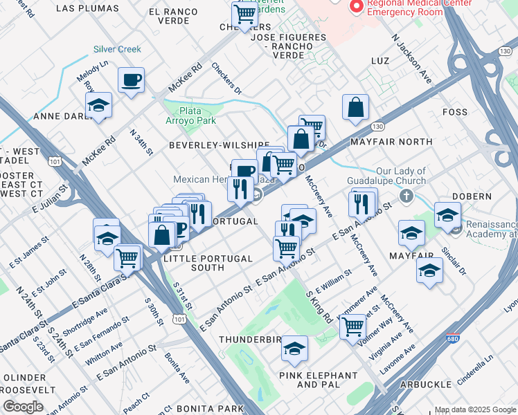 map of restaurants, bars, coffee shops, grocery stores, and more near 1700 Alum Rock Avenue in San Jose