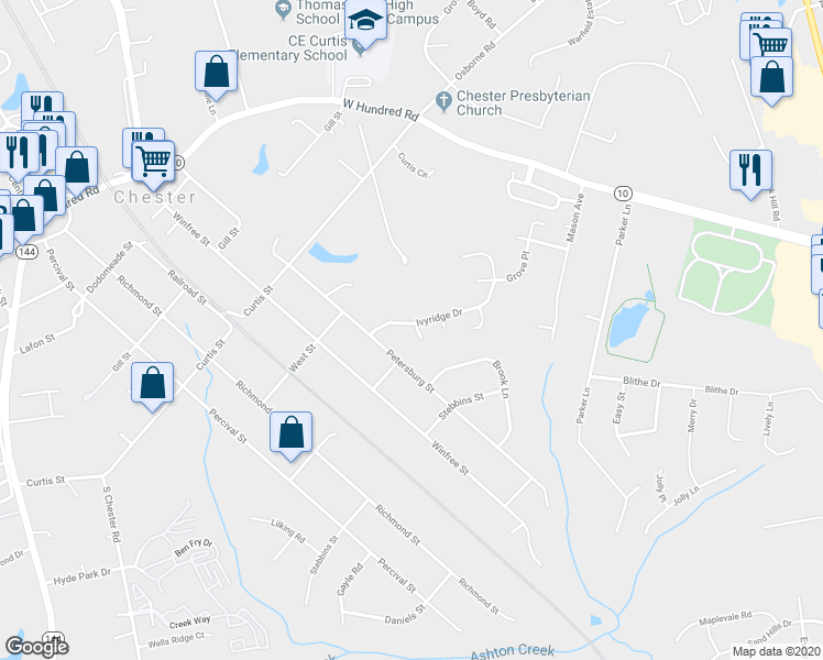 map of restaurants, bars, coffee shops, grocery stores, and more near 12402 Ivyridge Court in Chester