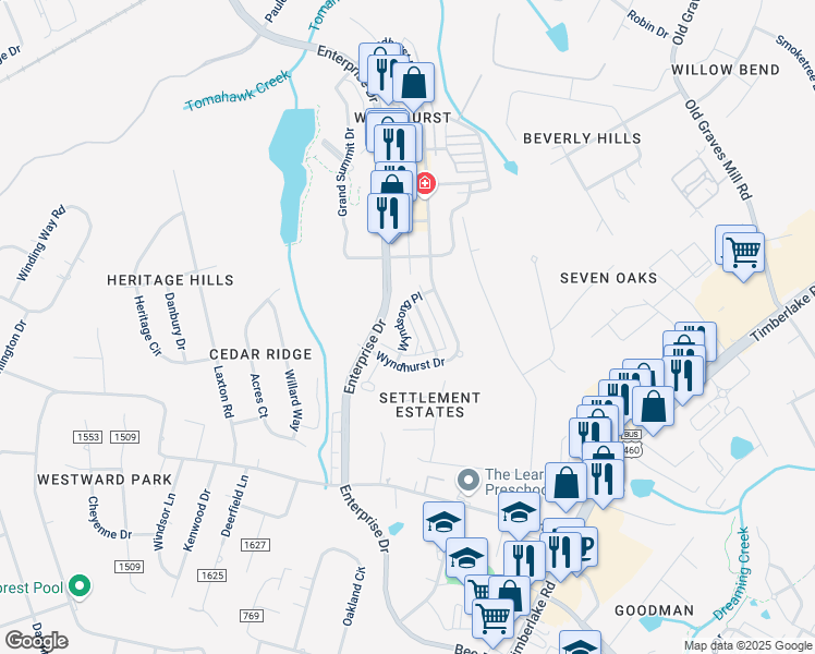 map of restaurants, bars, coffee shops, grocery stores, and more near 114 Wyndsong Place in Lynchburg