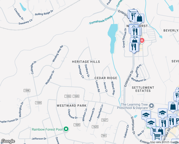 map of restaurants, bars, coffee shops, grocery stores, and more near 1706 Danbury Drive in Lynchburg