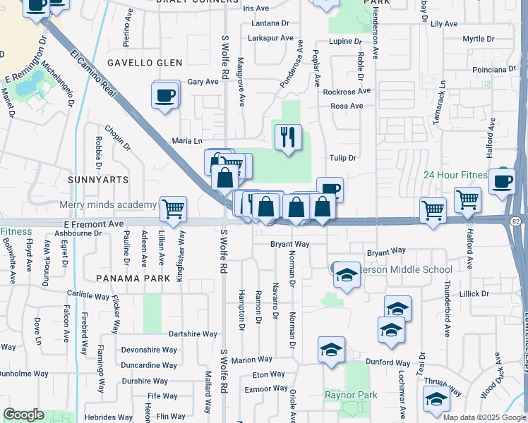 map of restaurants, bars, coffee shops, grocery stores, and more near 929 El Camino Real in Sunnyvale