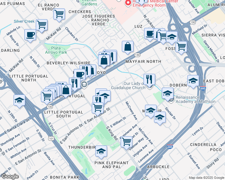 map of restaurants, bars, coffee shops, grocery stores, and more near 103 McCreery Avenue in San Jose