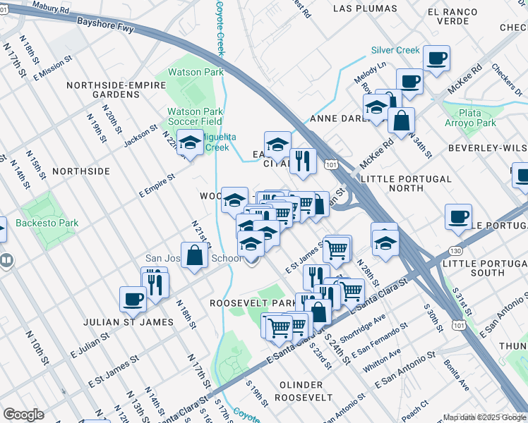 map of restaurants, bars, coffee shops, grocery stores, and more near 450 Coyote Creek Circle in San Jose