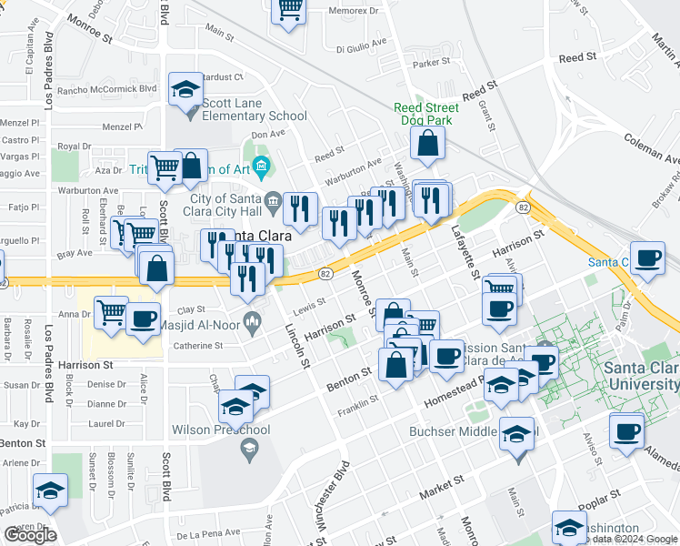 map of restaurants, bars, coffee shops, grocery stores, and more near 1363 East El Camino Real in Santa Clara