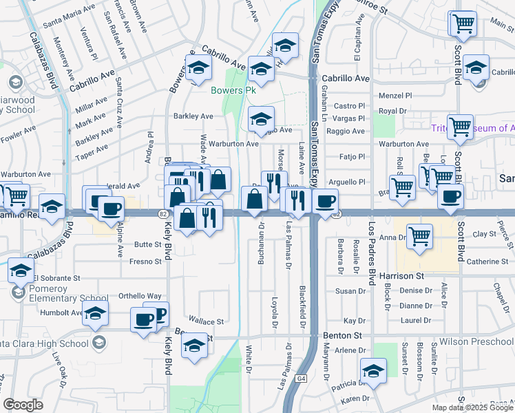 map of restaurants, bars, coffee shops, grocery stores, and more near 2585 California 82 in Santa Clara