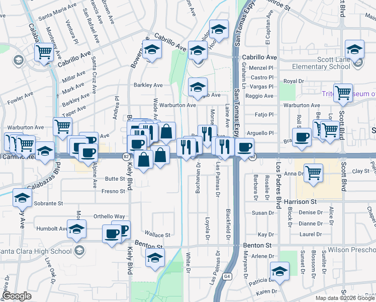 map of restaurants, bars, coffee shops, grocery stores, and more near 2585 California 82 in Santa Clara
