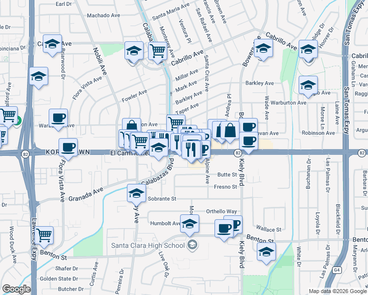 map of restaurants, bars, coffee shops, grocery stores, and more near 3141 El Camino Real in Santa Clara