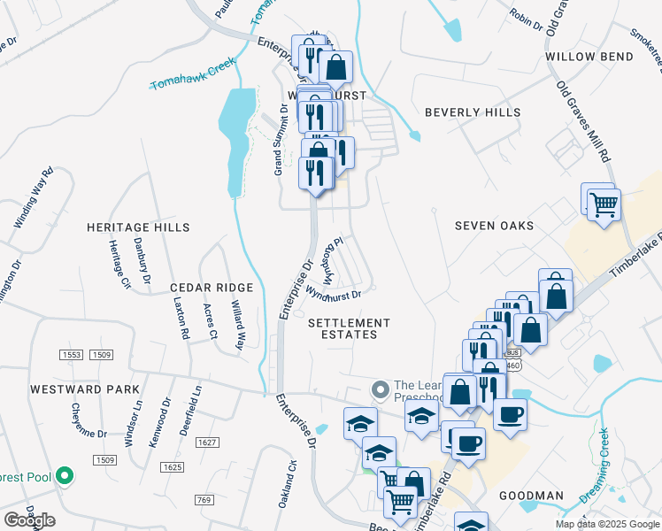 map of restaurants, bars, coffee shops, grocery stores, and more near 114 Wyndsong Place in Lynchburg