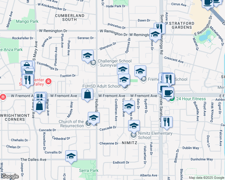 map of restaurants, bars, coffee shops, grocery stores, and more near 653 West Fremont Avenue in Sunnyvale