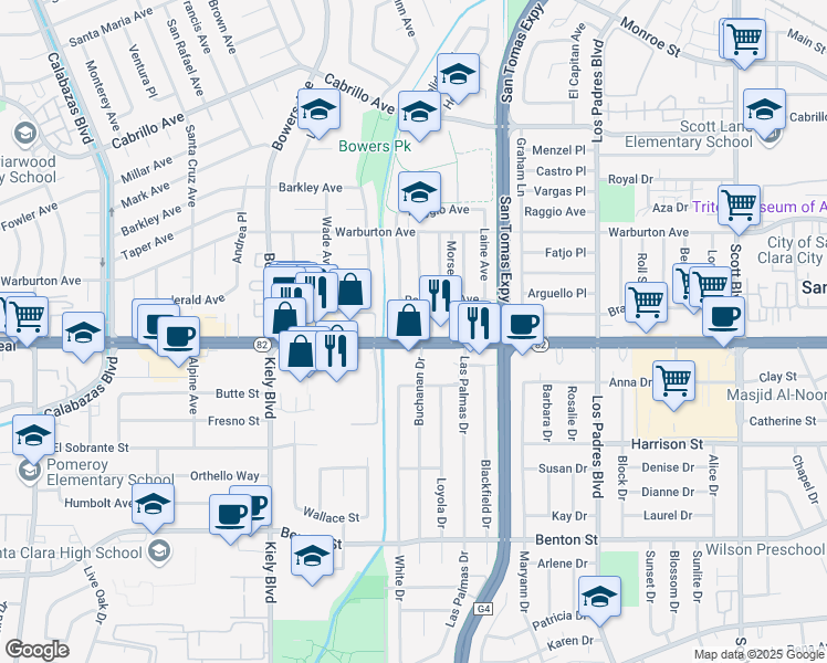 map of restaurants, bars, coffee shops, grocery stores, and more near 2525 El Camino Real in Santa Clara