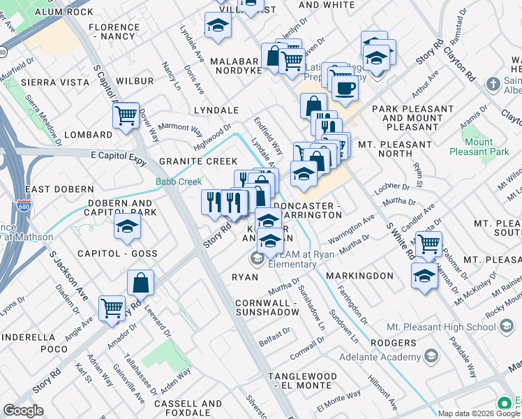map of restaurants, bars, coffee shops, grocery stores, and more near 2868 Story Road in San Jose