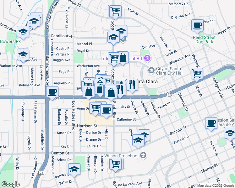 map of restaurants, bars, coffee shops, grocery stores, and more near 1942 Hillebrant Place in Santa Clara